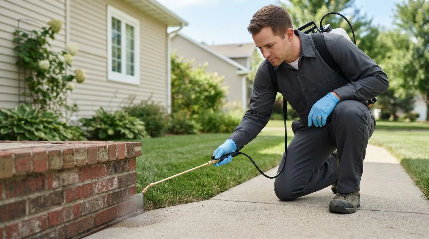 Pest control technician treating a home near New London, WI
