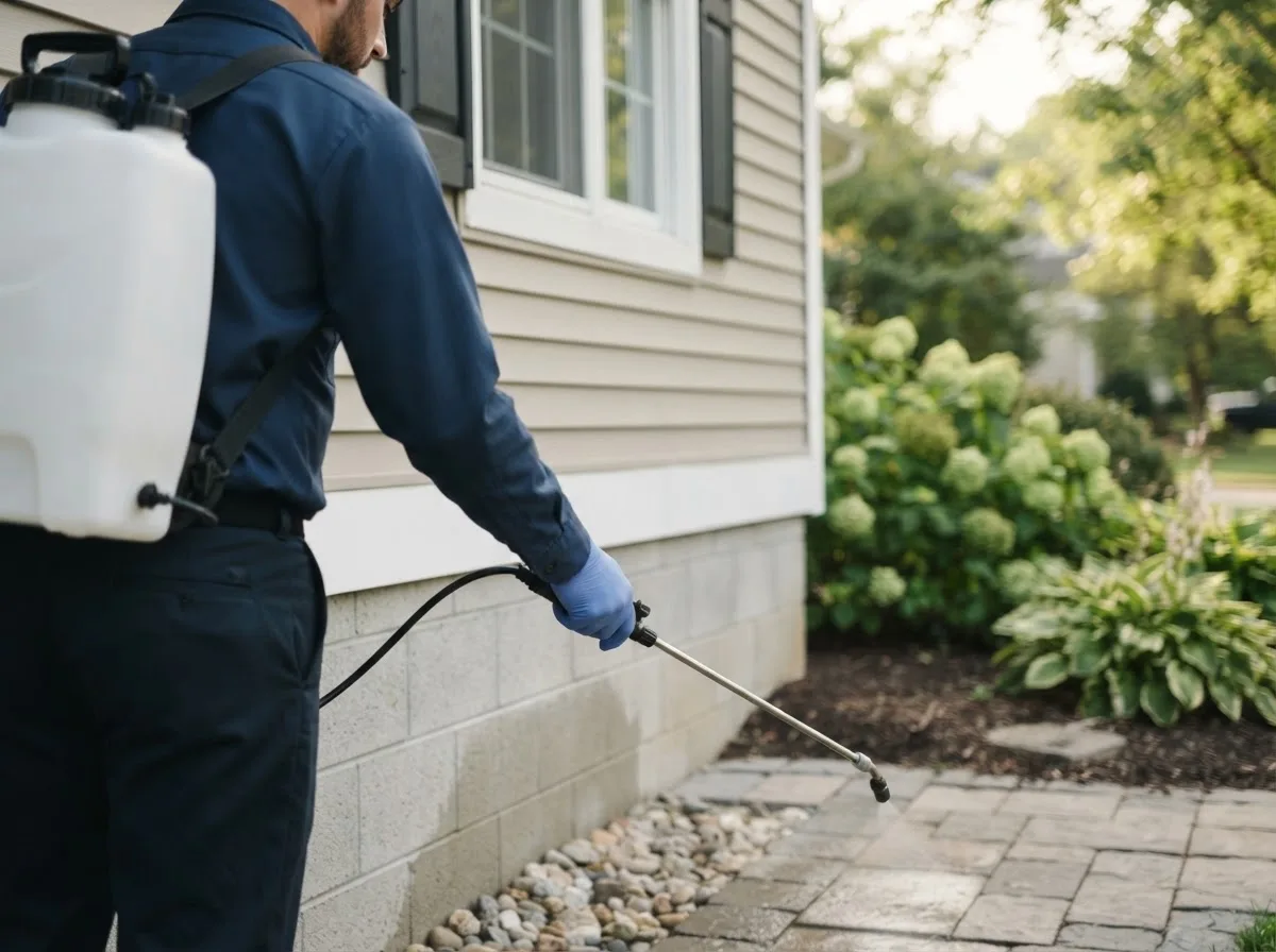 Pest control technician inspecting a home in New London, WI